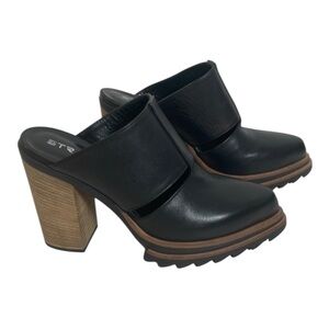 Strategia Size 38 Black Leather Slip On Mules with Chunky Heel Goth Minimalist